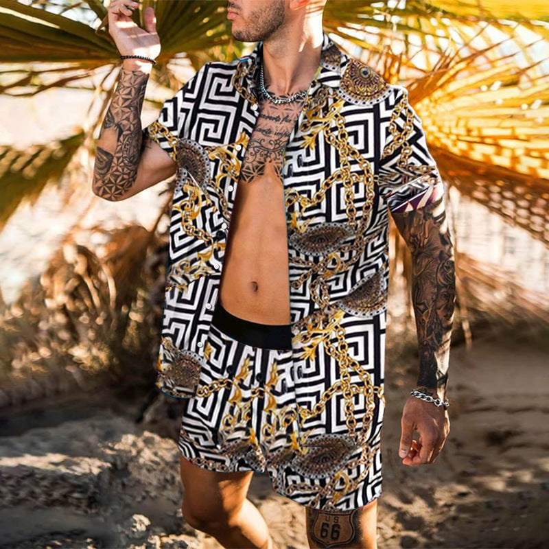 Print Lapel Short Sleeve Shirt Set Summer Mens Fashion Beach