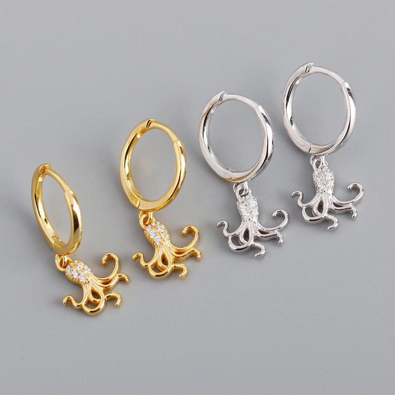 Fashion Diamond Zircon Octopus S925 Sterling Silver Stud Earrings