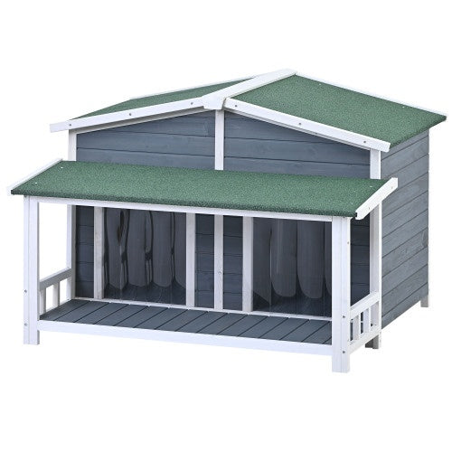 GO 47.2 Large Wooden Dog House Outdoor, Outdoor & Indoor Dog Crate, Cabin Style, With Porch, 2 Doors, Gray And Green