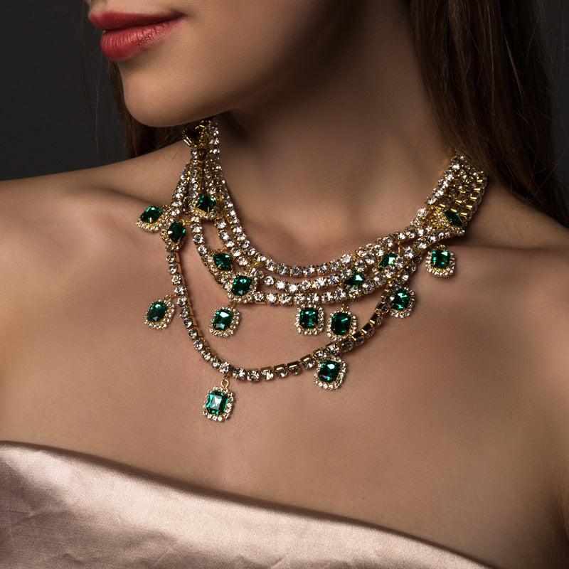 Retro Exaggerated Hip Hop Multilayer Rhinestone Pendant Necklace