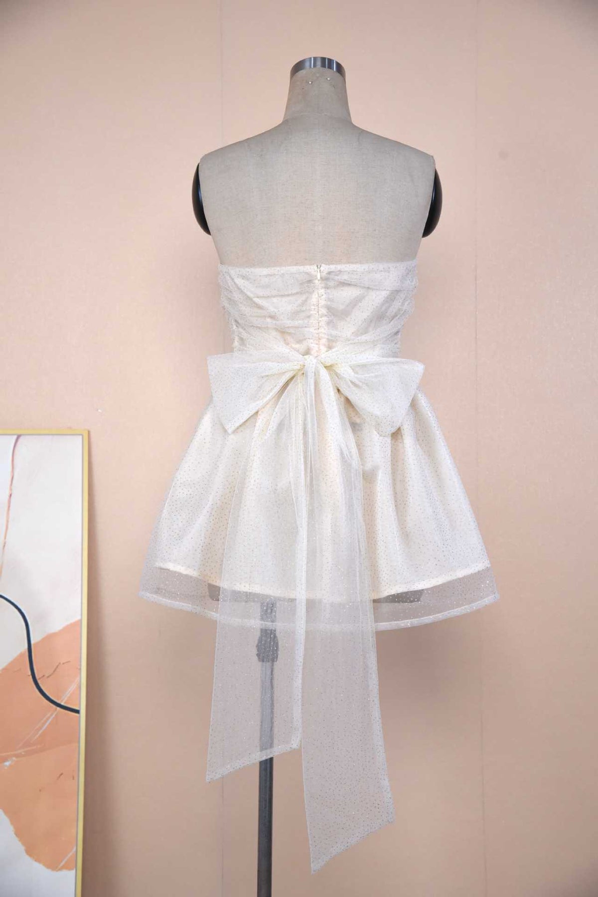 Tube Top Lace Dress With Back Bow-Knot Summer Fashion Temperament Mesh Stitching Off-Neck Short Skirt