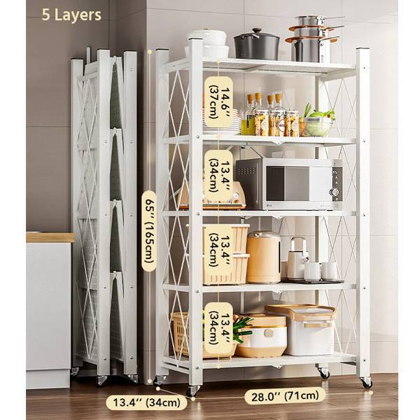 5 Tier White Heavy Duty Foldable Metal Organizer Shelves With Wheels