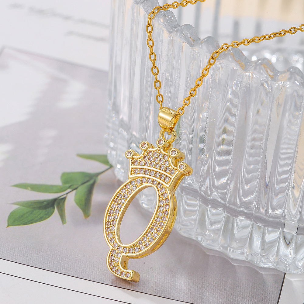 1PCS Fashionable Gold Diamond Crown Uppercase Letter Popular Pendant Necklace, Suitable For Daily Use, Festivals, Parties, Gifts Jewelry Set
