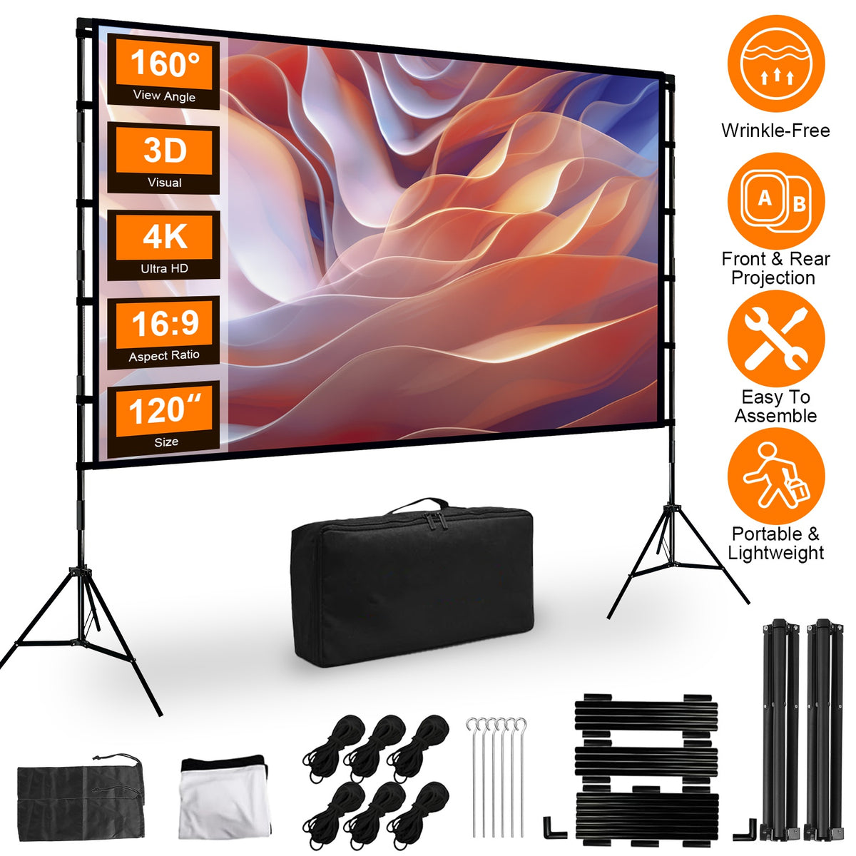 1Pc 120inch Or 100inch Projector Screen With Stand 16 9 4K HD Rear Front Wrinkle Free Portable And Foldable Movie Screen With Carry Bag For Indoor Outdoor Home Theater Backyard Cinema