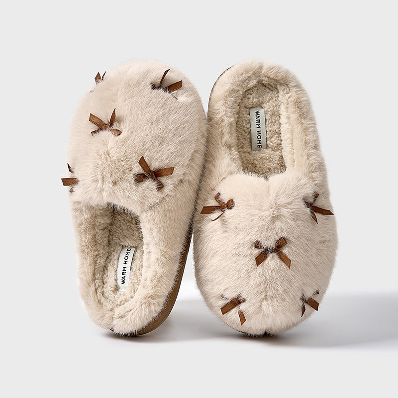 Women's Cute Plush Home Slippers Butterfly Knot Cotton Slippers Comfortable Thick Bottom Outdoor Slippers Winter Indoor Soft Warm Slippers