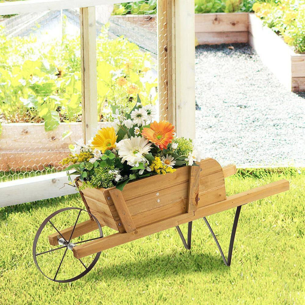 Wooden Wagon Planter With 9 Magnetic Accessories For Garden Yard