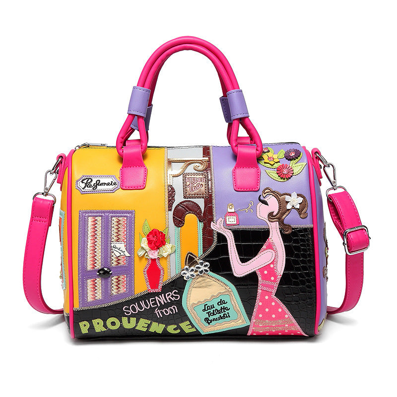 European and A merican Style Women Girl Solid Zipper Tote Cartoon Embroidery Messenger Travel Handbag Shoulder Bag