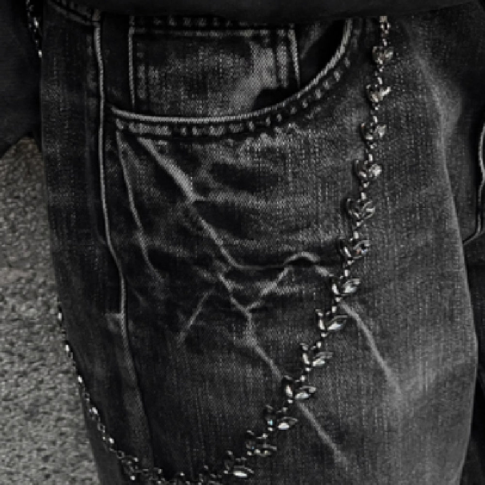Black Vine Silver Gem Phants Zipper Men's Denim Waist Chain
