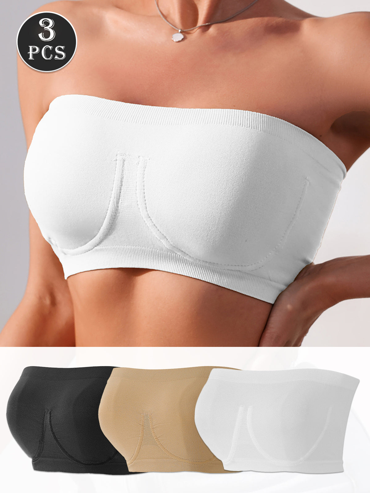 3PCS EssElegance Strapless Seamless Bandeau Tube Bra - Wire-Free Non-Slip Design, High-Stretch & Breathable For Backless Dresses, Daily Comfort