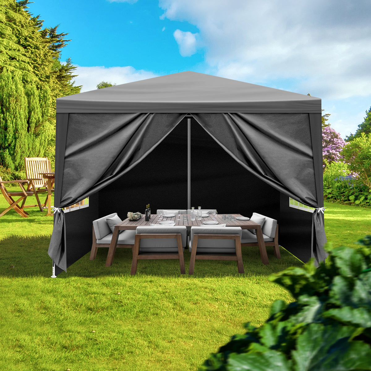 10x10ft Black, 4 Sides Pergola, PE Cloth, Sprayed Iron Pipe, Spiral Pipe