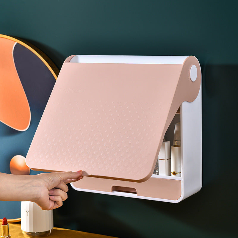 Plastic Cosmetic Storage Box Wall-Mounted Storage Rack With Mirror