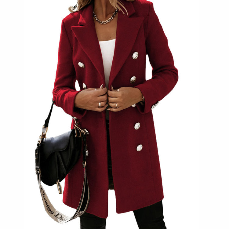 Fashion Turndown Collar Jacket For Women Autumn Winter Long-Sleeved Double-Breasted Woolen Coat