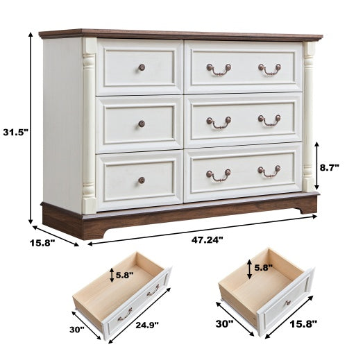 Farmhouse Style 6 Drawer Dresser Chest With Base Wooden Rustic Chest Of Drawers, Storage Dresser Organizer For Bedroom, Living Room, Beautiful Sturdy And Durable