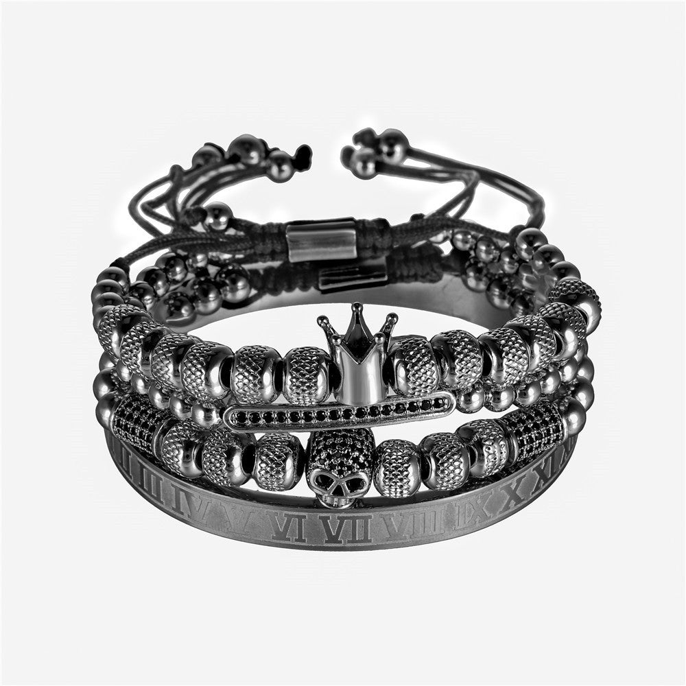 Stainless Steel Roman Letter Copper Inlaid Zircon Crown Skull Bracelet