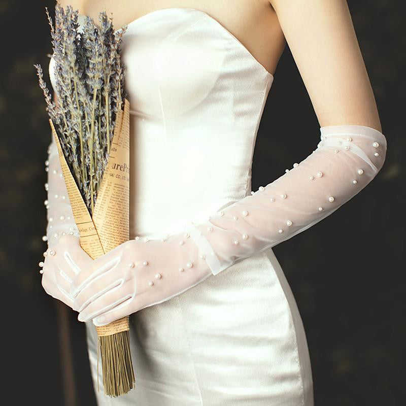 Bride Gloves White Wedding Dress Pearl Mesh
