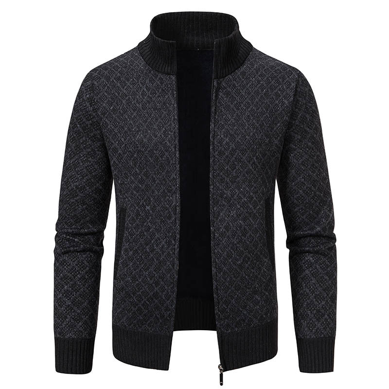Thickened Plaid Print Jacket Cardigan Fashion Slim Fit Zipper Stand Collar Sweater Winter Men's Casual Long Sleeve Knitted Top Clothing