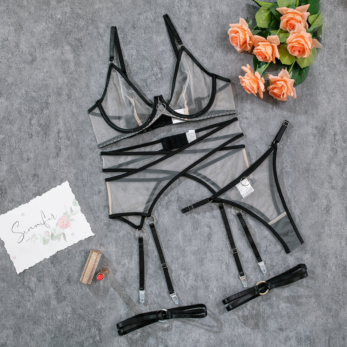 Nude Feel Breathable Mesh See-Through Underwear Four-Piece Set