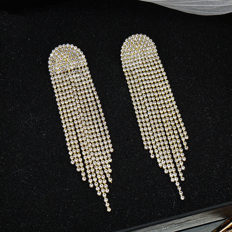 Exaggerated Full Drill Stud Earrings With Extra Long Tassel Rhinestones