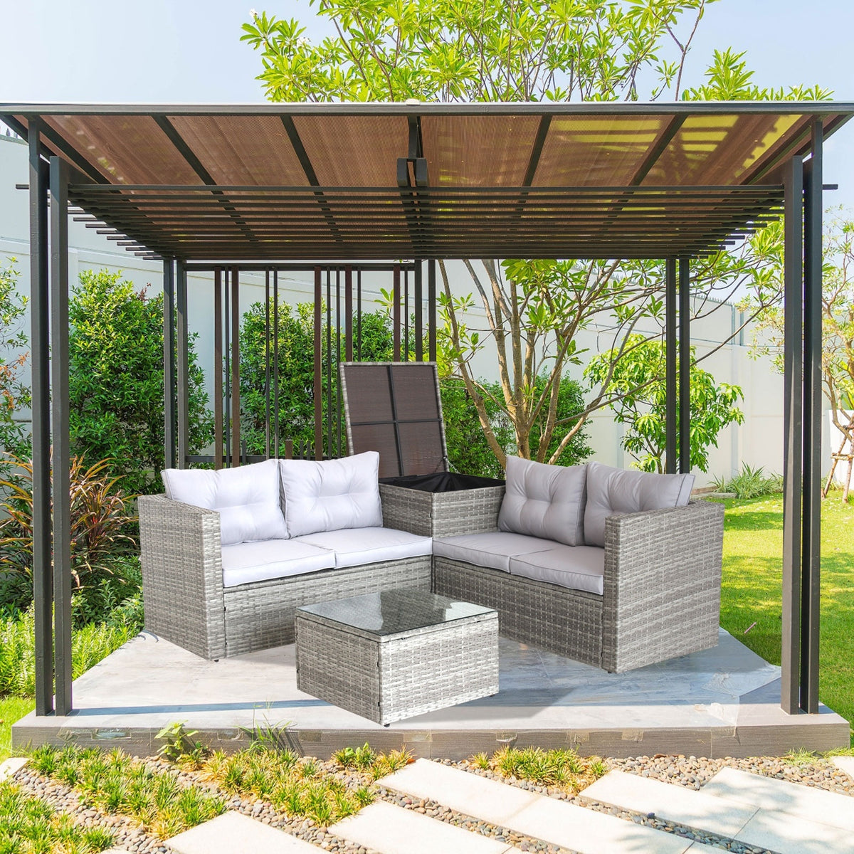 4Pc Patio Sectional Wicker Rattan Sofa Set W  Storage Box Grey