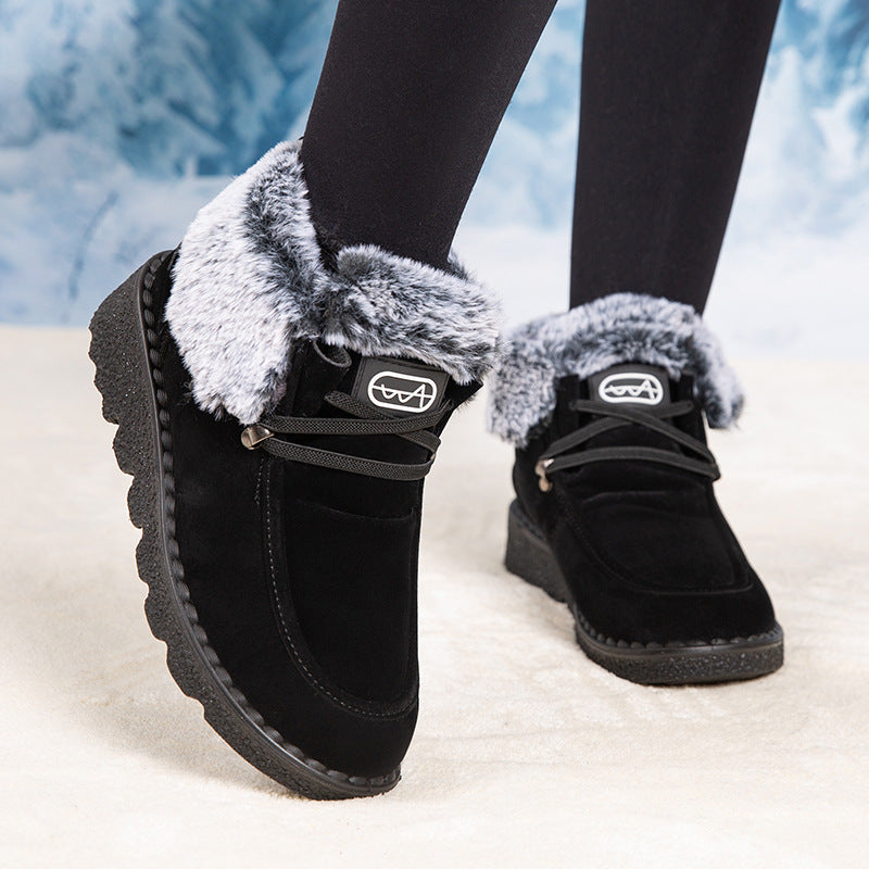 Women's Flat Round-Toe Laced Faux Fur Thicker Short Boots