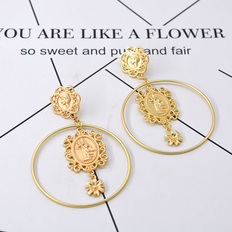 Baroque Head Coin Hoop Earrings Exaggerated