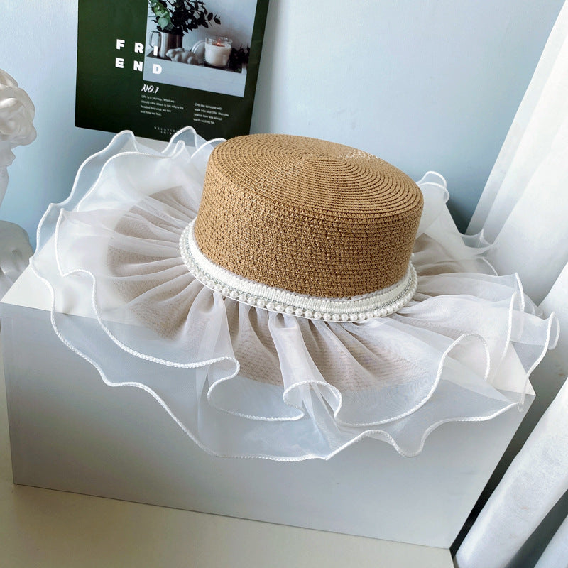 Lolita Style Flat Top Hat Women Summer Sunscreen Straw Hat