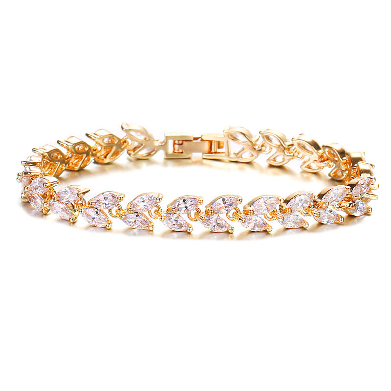 Korean Fashion Leaf Bridal Wedding Set Accessories Zircon Necklace Earrings Ring Bracelet Four-Piece Set