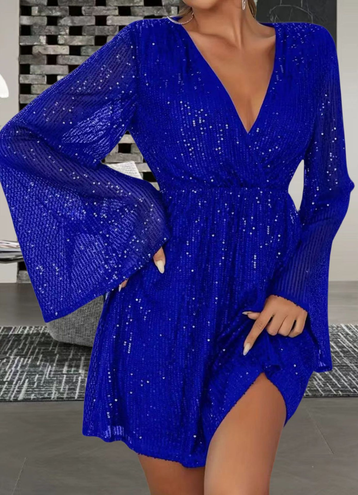 V-Neck Sequin Waist Slimming Senior Party Evening Dress