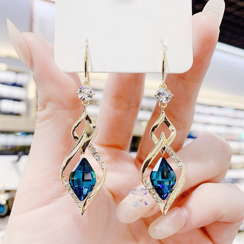 Geometric Diamond Crystal Temperament Long Style Diamond Fashion Mesh Red Earrings
