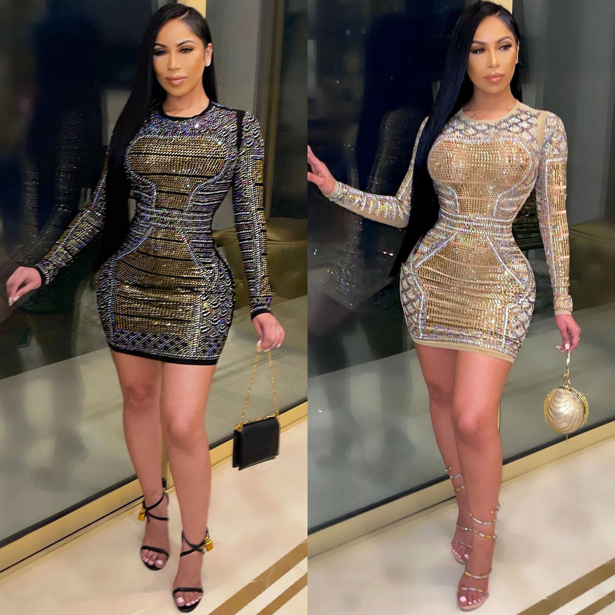 Colored Diamond Long-Sleeved Dress