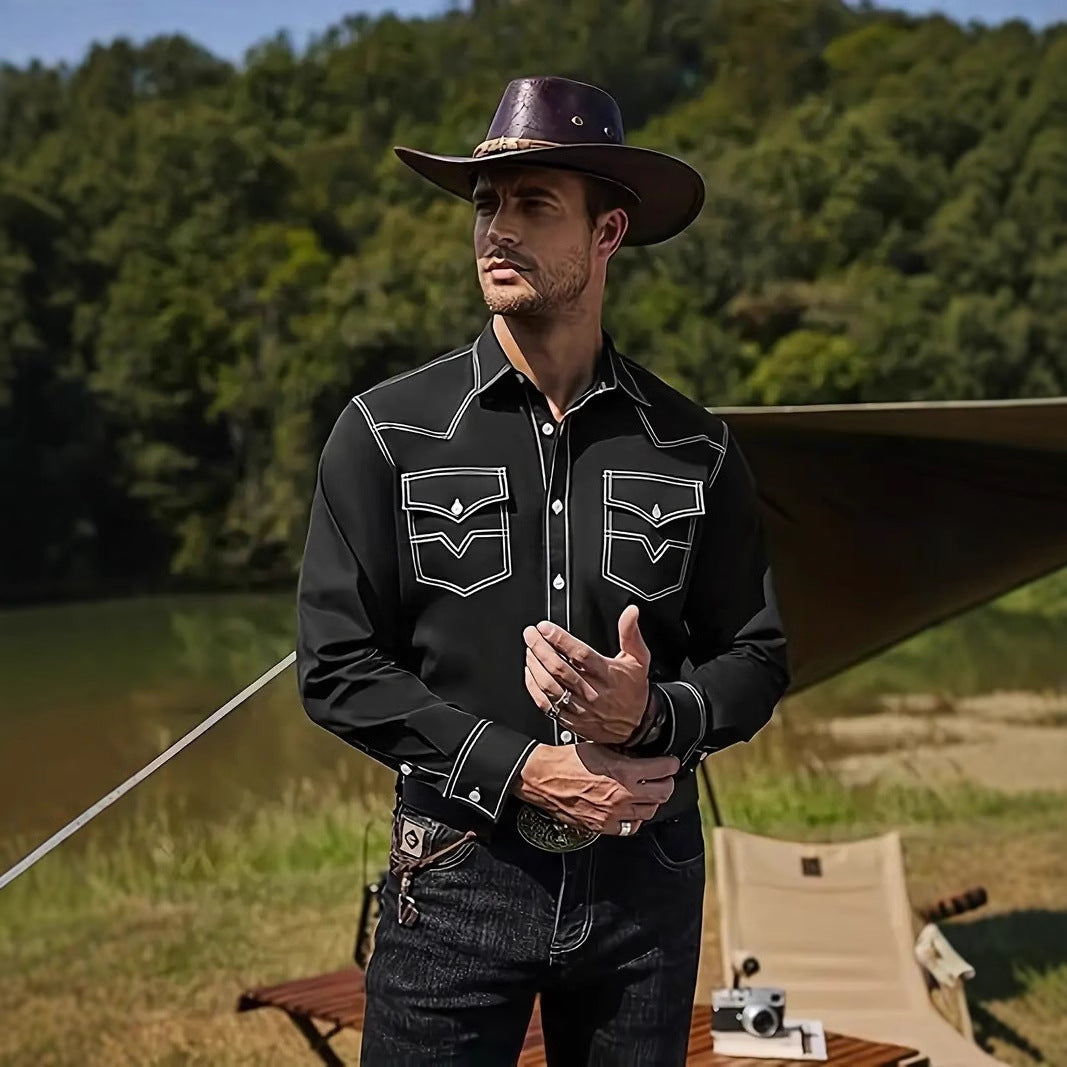 Men's Western Cowboy Casual Oxford Long Sleeve