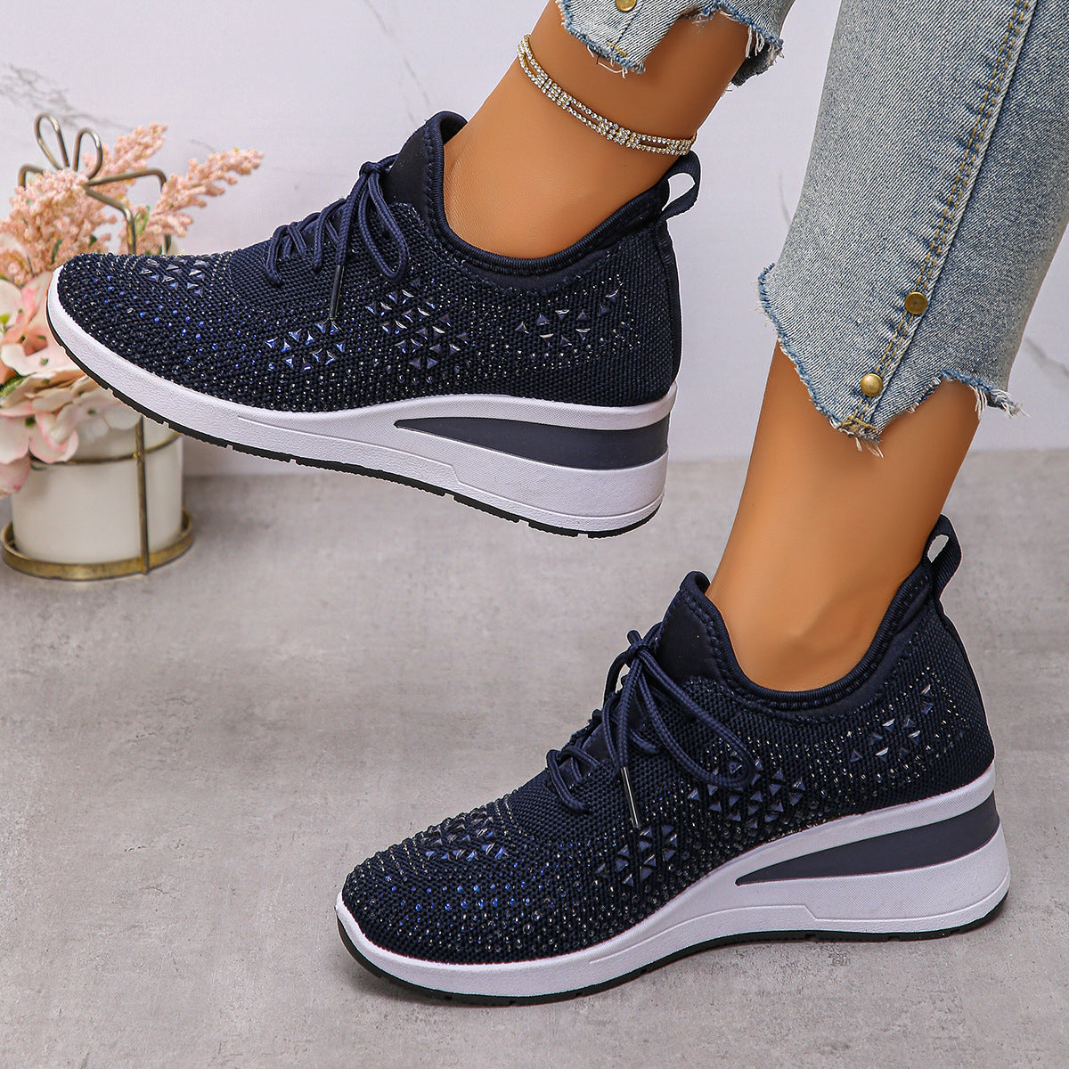 Ins Rhinestone Sneakers Fashion Lace Up Wedges Casual Shoes Women's Daily Commuting Sports Shoes