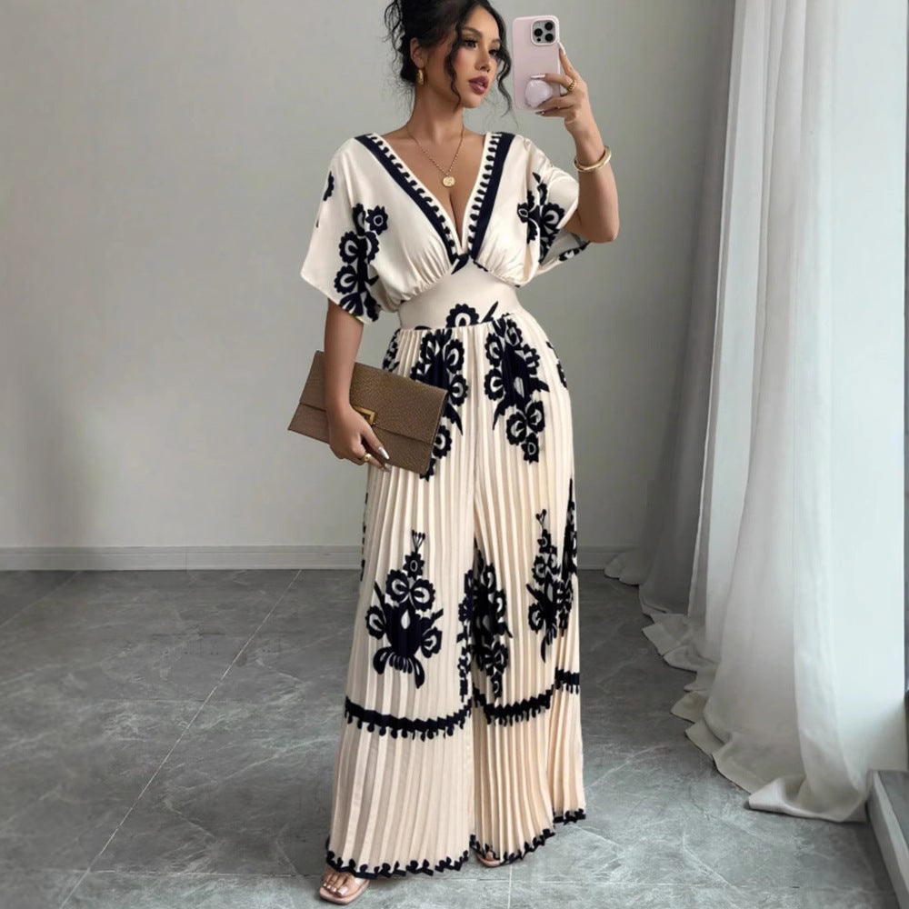 Casual Printed Loose Short-Sleeved Jumpsuit