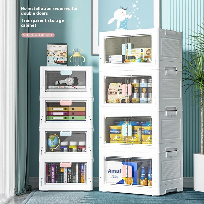 Folding Storage Box Transparent Side Double-Door Storage Cabinet with Wheels