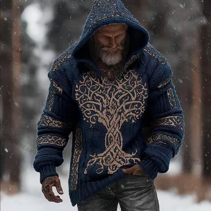Mens Printed Hooded Knitted Sweatshirt Top