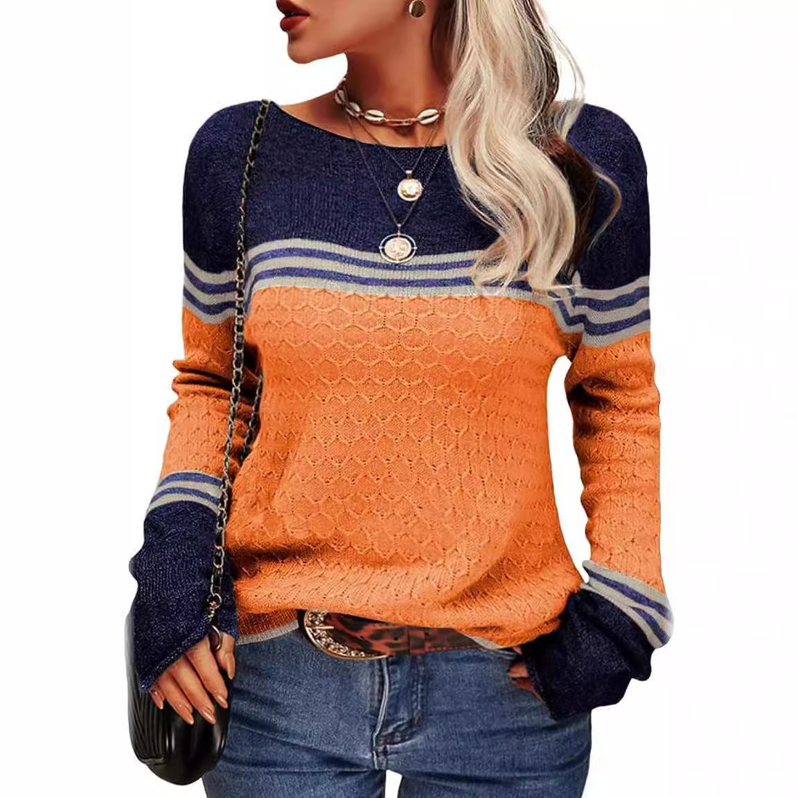 Foreign Trade Crocheted Long-Sleeved Top Striped Color-Block Crew Neck Knitted Sweater
