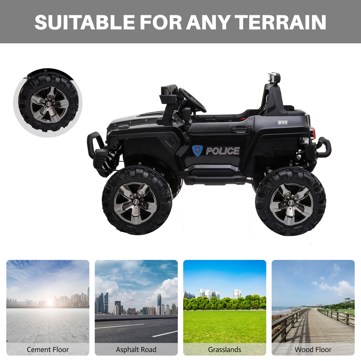Kids Ride-On Car 12V RC 2-Seater Police Truck Electric Car For Kids with Full LED Lights