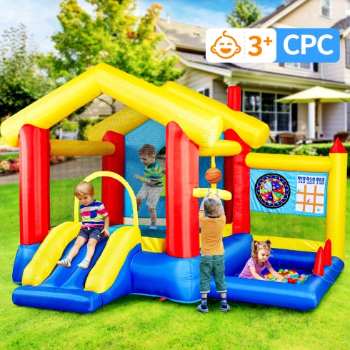 8 In 1 Inflatable Bounce House With Blower Basketball Hoop Ocean Balls Ring-Toss Game Target And Sticky Ball Game For Kids