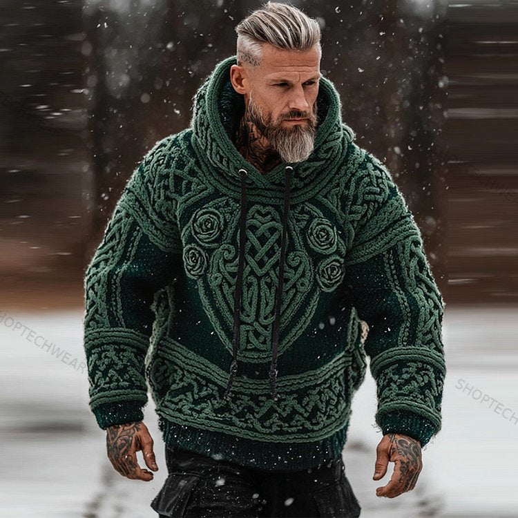 Mens Printed Hooded Knitted Sweatshirt Top