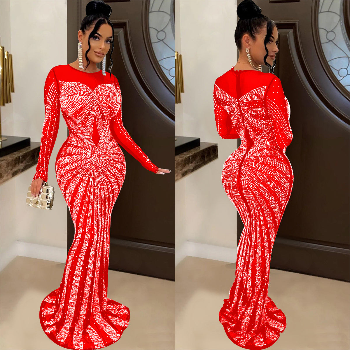 Women's Solid Color Mesh See-through Hot Drill Long-Sleeved Long Dress
