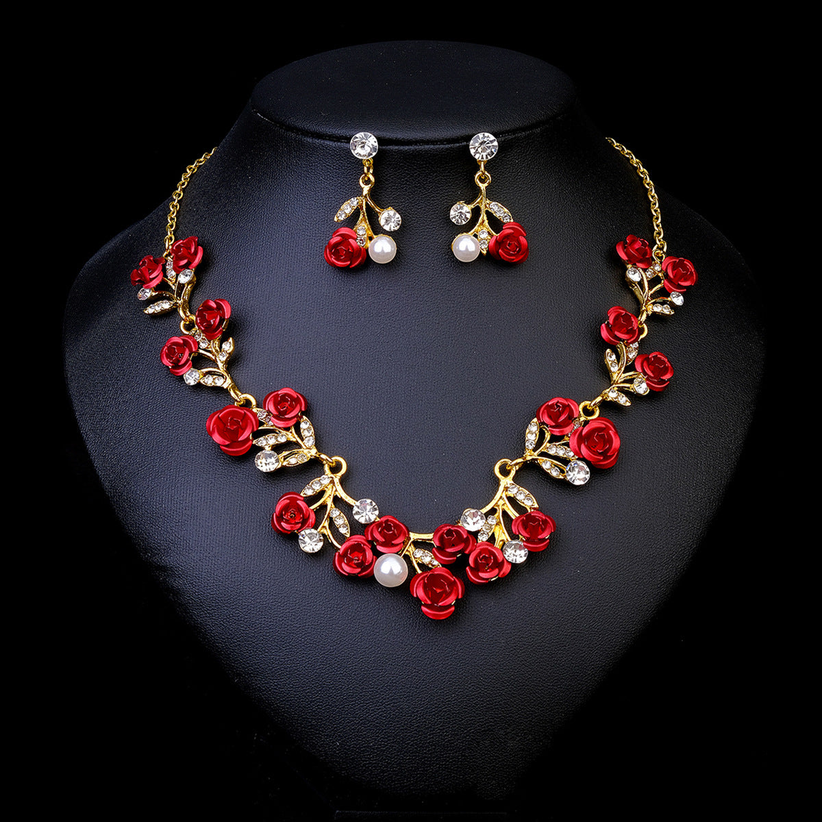 Rhinestone Pearl Earrings And Necklace Set Women