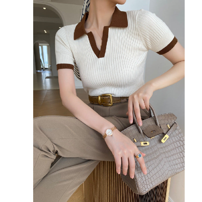 Contrast Color V Neck Short Sleeved Sweater