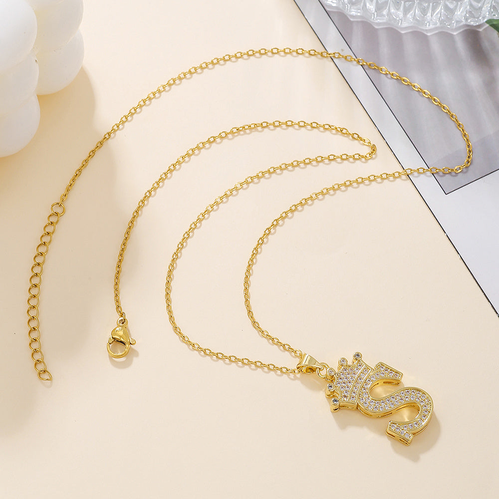 1PCS Fashionable Gold Diamond Crown Uppercase Letter Popular Pendant Necklace, Suitable For Daily Use, Festivals, Parties, Gifts Jewelry Set