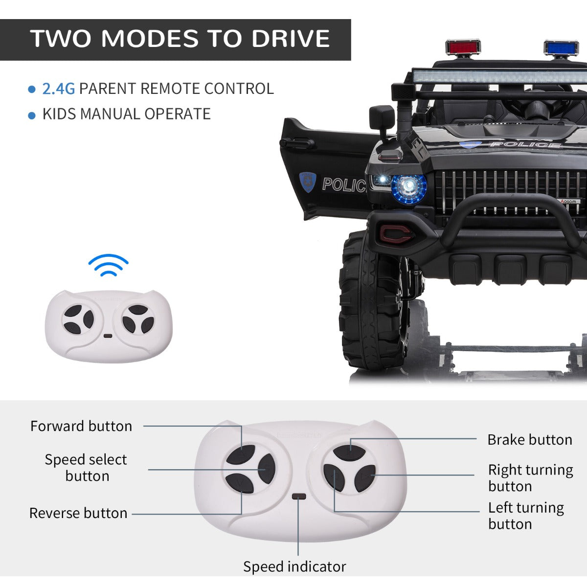 Kids Ride-On Car 12V RC 2-Seater Police Truck Electric Car For Kids with Full LED Lights