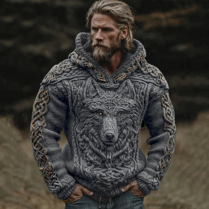 Mens Printed Hooded Knitted Sweatshirt Top