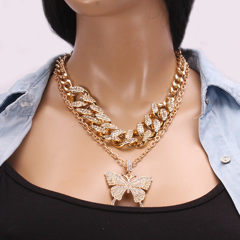 Fashion Diamond Cuban Chain Big Butterfly Necklace