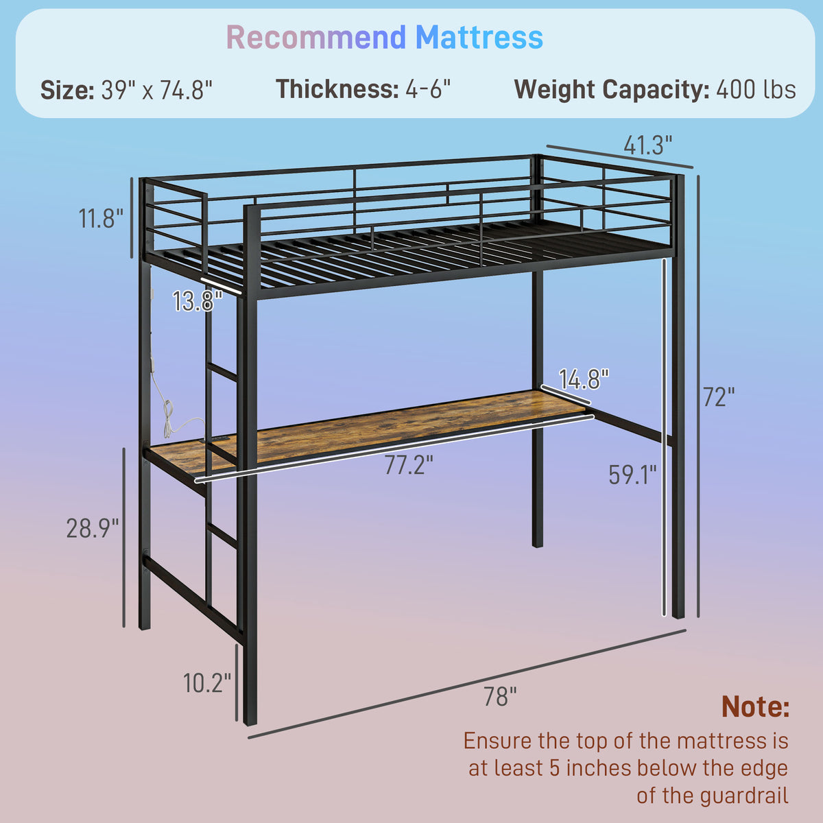 Twin Size Loft Bed with Desk