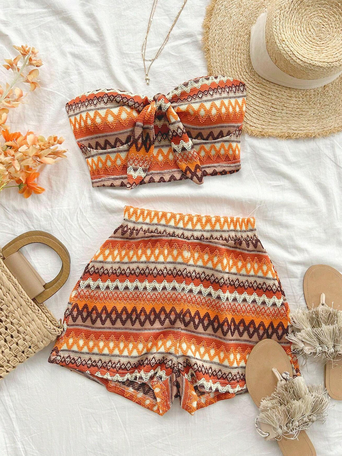 Women's Sexy 2pcs Set  Summer  Colorful Striped Elastic Suitable For Vacation And Daily Travel
