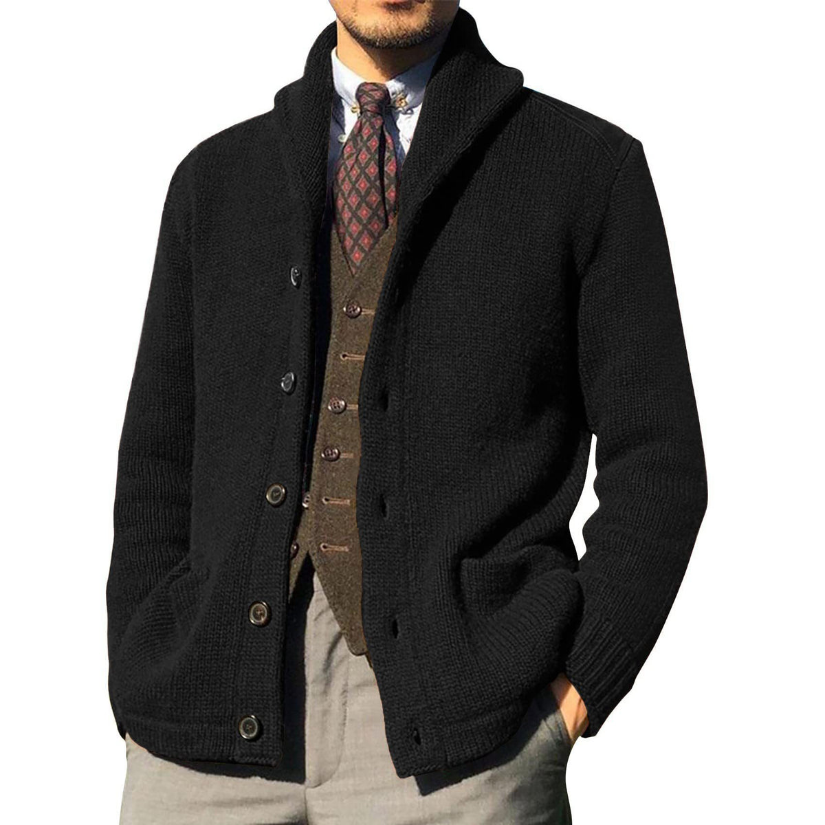 New Sweater Men's Euro American Solid Long Sleeve Knitted Cardigan