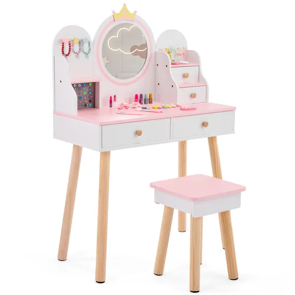 White And Pink Crown Element, MDF + Particleboard + Solid Wood Legs, Painted And Melamine Laminated, 4-drawer Children's Dressing Table Set